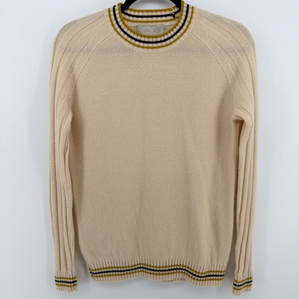 Jason Wu 100% Cashmere Sweater Women's S Ivory Striped Crewneck Ribbed Luxury
